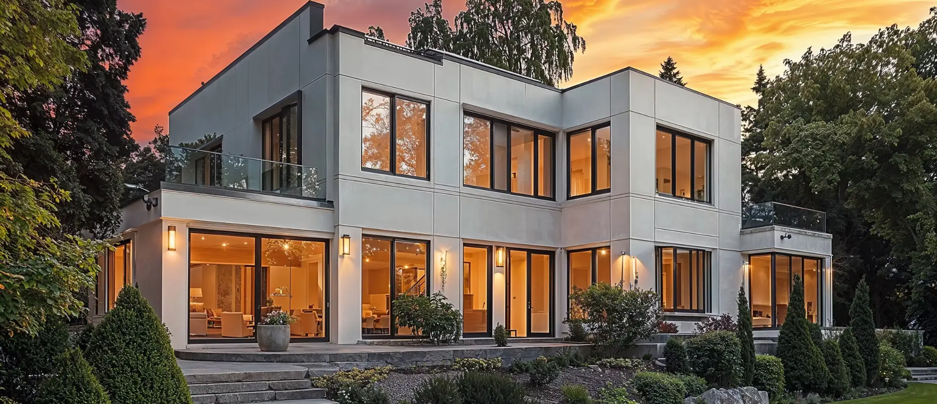 Modern luxury home with warm interior lighting at dusk